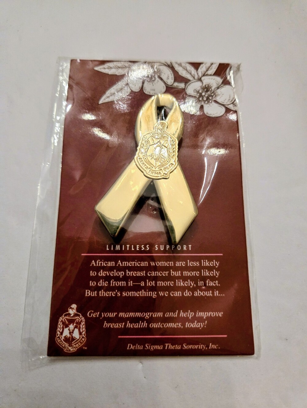 Delta Sigma Theta Cancer Awareness Support Pin Goldtone NEW - Picture 2 of 8